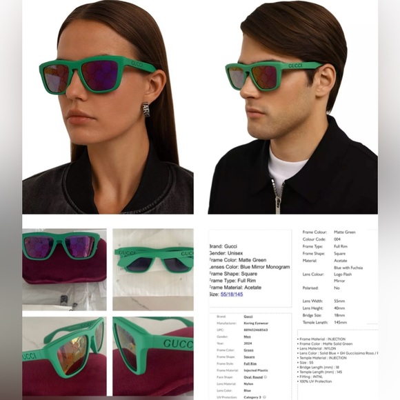 GUCCI MATT GREEN “GG”LOGO MIRRORED LIGHTWEIGHT SUNGLASSES - Picture 14 of 16